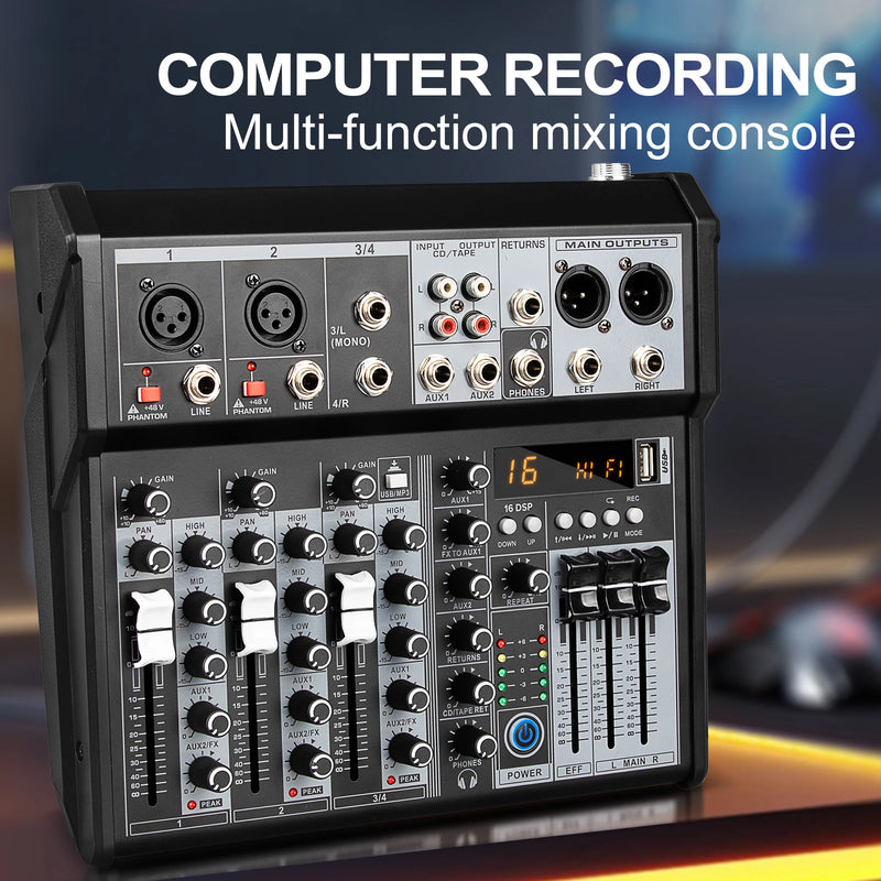 4 Channel Audio Interfacer Depusheng XT4 DJ Mixer Sound Board 99-Bit DSP Effect USB +48V Phantom Bluetooth for Karaoke
