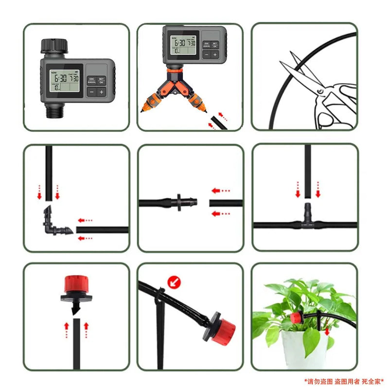 30-5m Garden LCD Button Timer Irrigation Set 0-80L/H Rotating Adjustable Nozzle Intelligent Display Automatic Watering System