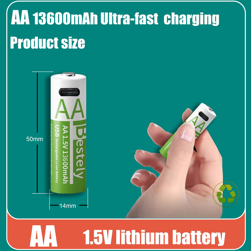 Bestely 1.5V 13600mAh USB AA Lithium Ion Rechargeable Battery, Fast Charging Li-ion Akku, 2000 Cycle with USB-C Port Cables