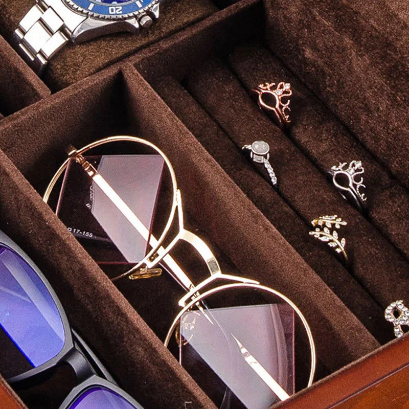 Multi-functional Wooden Men's Jewelry Box With Lock Watch And Sunglasses Box Organizer For Men Women Father's Day Gift