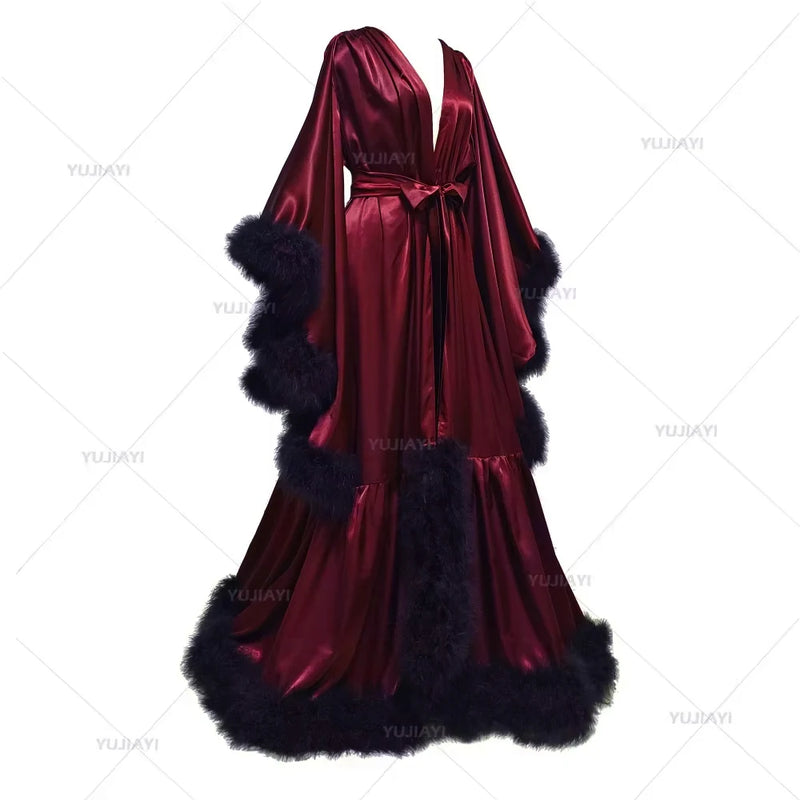 Bathrobe for Women Flare Sleeves Feather Bridal Robe Nightgown Silk Illusion Long Wedding Scarf Dressing Gown Photography Dress