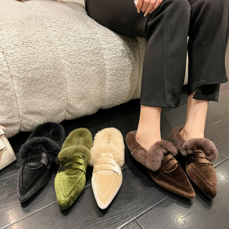 Women Luxury Velvet Mules Pointy Toe Slip-on Fur Sandals Ladies New Brand Design Outdoor Furry Slides Evening Party Heeled Shoes