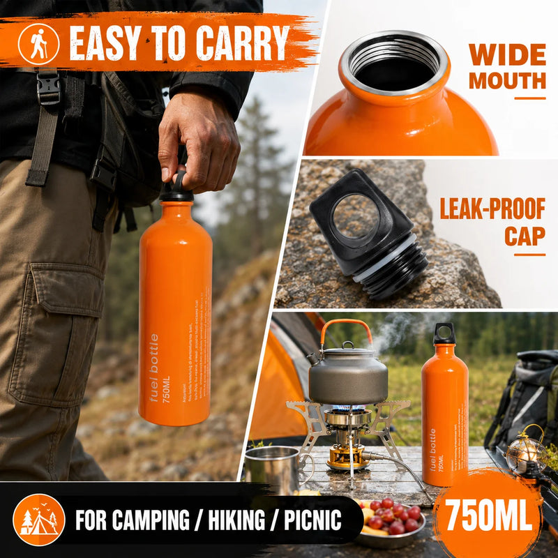 750ml Aluminum Fuel Bottle Camping Stove Gas Oil Storage Can Leakproof Orange Lightweight Outdoor Fuel Container for Backpacking Hiking Picnic Camp Burner Refill Portable Travel Bottle Durable Safety Cap Camping Gear Accessor