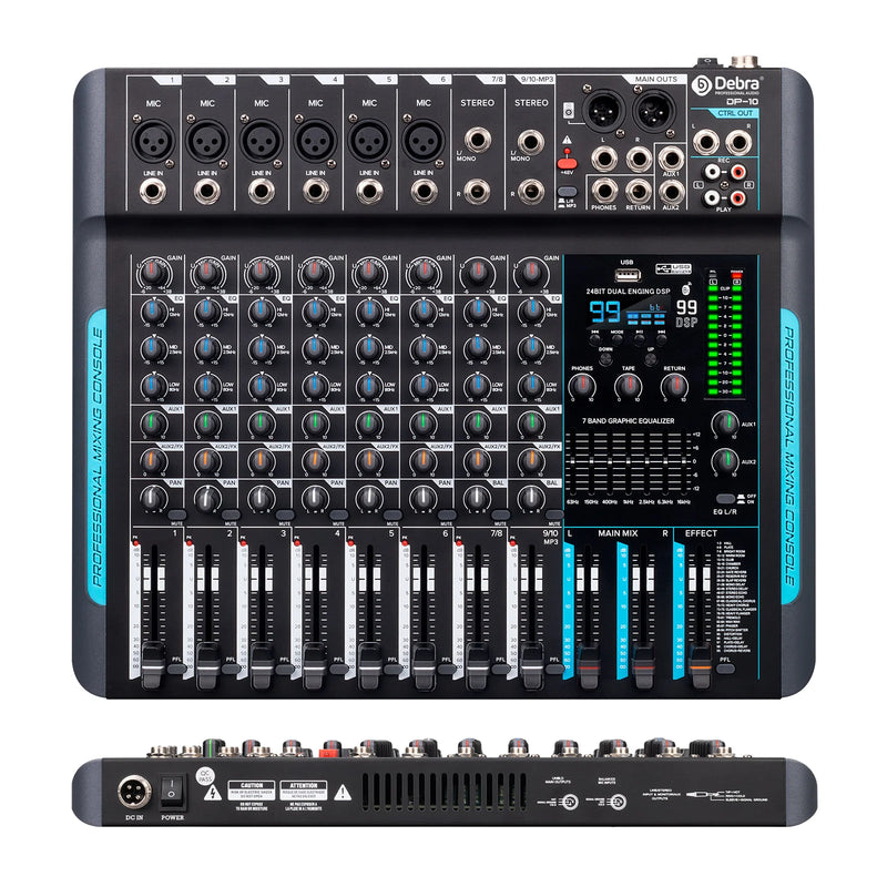 Debra DP-10 Audio Mixer DJ Controller 10-channel 99 DSP Reverb Recording Mixer with Bluetooth 5.0 Professional Performance