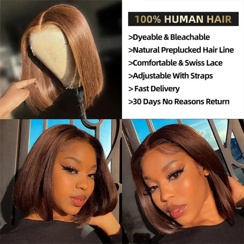 Chocolate Brown Bob Wigs 13x4 Lace Front Wig Bob Human Hair Brown Straight 200% Full Density Transparent Lace Frontal Wigs Bob Hair