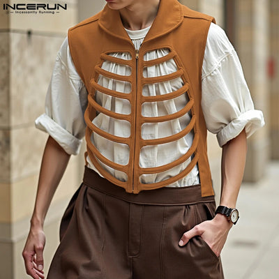 INCERUN Men Vests Solid Color Lapel Sleeveless Hollow Out | SAMAG