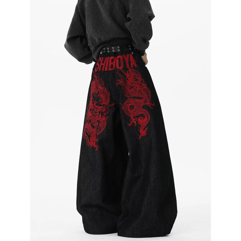 Retro Red Dragon Embroidery Wide Leg Knife Edge Jeans | SAMAG