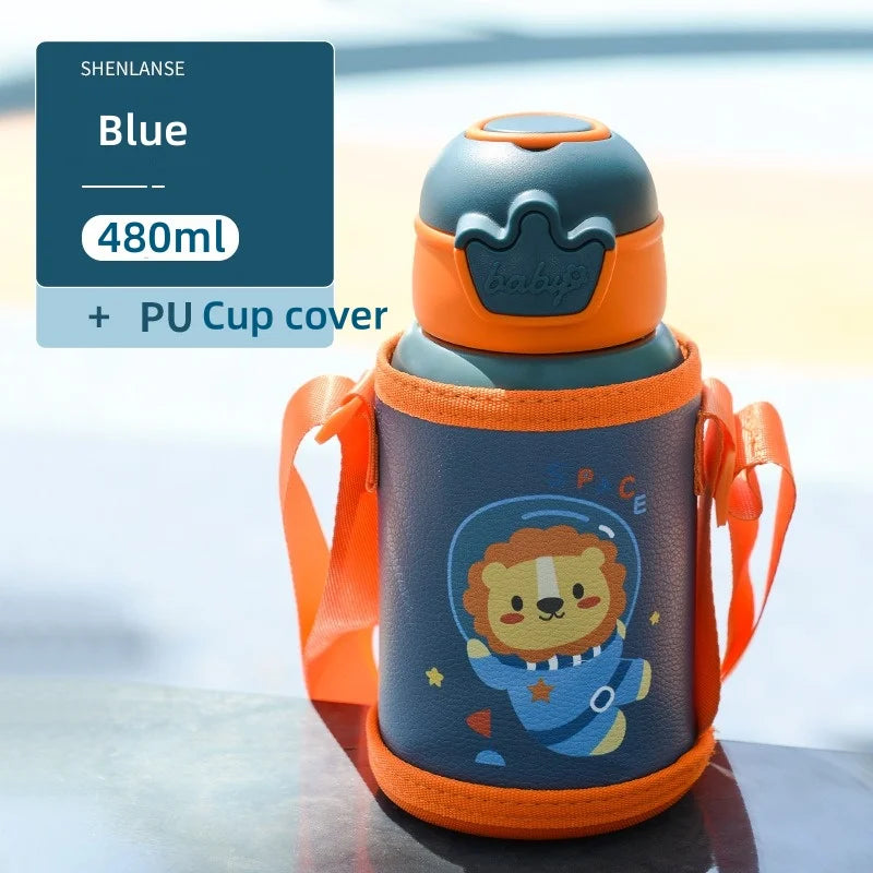 480ml Kids Thermos Bottle Cute Children's Thermal Water Bottle with Straw Stainless Steel Thermos Mug for Kid Portable Water Cup