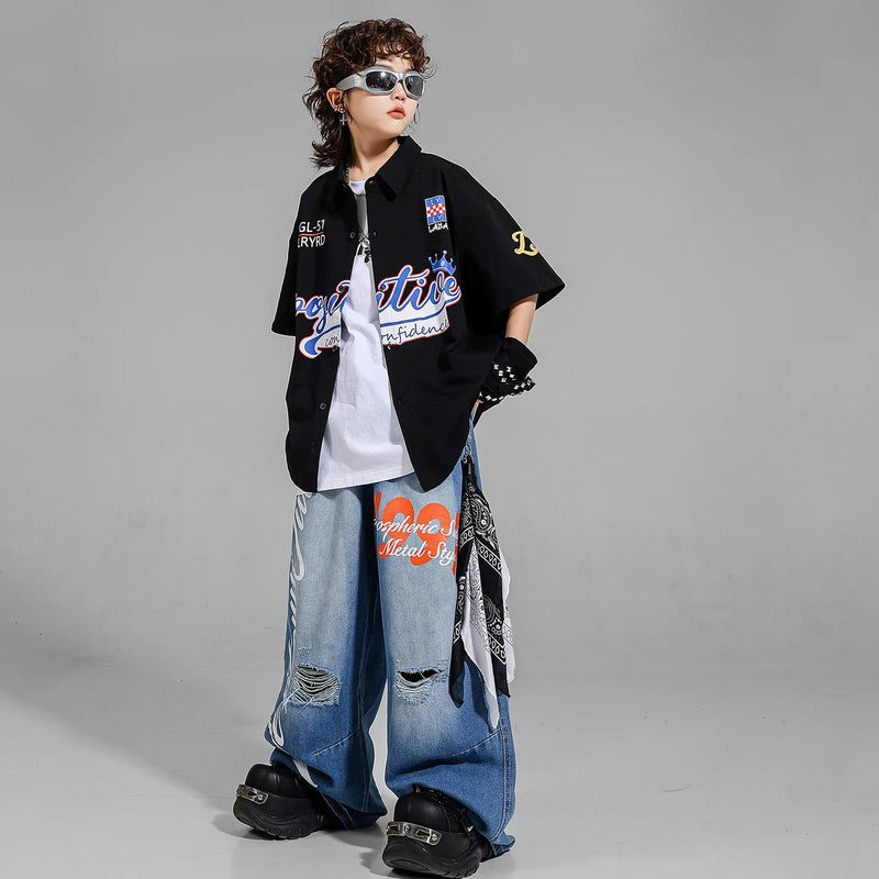 Kid Hip Hop Clothing Black Baseball Shirt Top Denim Blue - View 4 | SAMAG