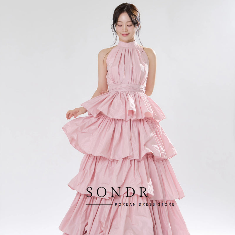 Sondr Tiered Pink Taffeta Halter Wedding Snap Dresses - View 3 | SAMAG