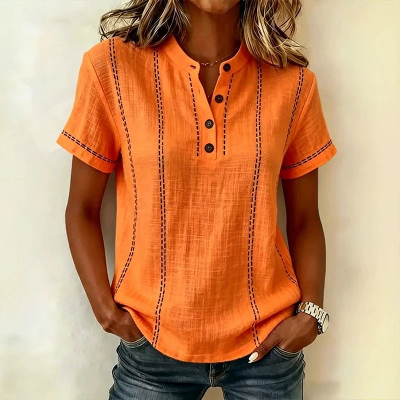 Elegant Women Blouse Shirt V Neck Button Patchwork Short Sleeve Shirts For Women Summer Striped Loose Tee Women Casual T-shirts