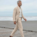 Men's linen casual men's beach party business suit two-piece wedding tailcoat set with split collar suit jacket and pants