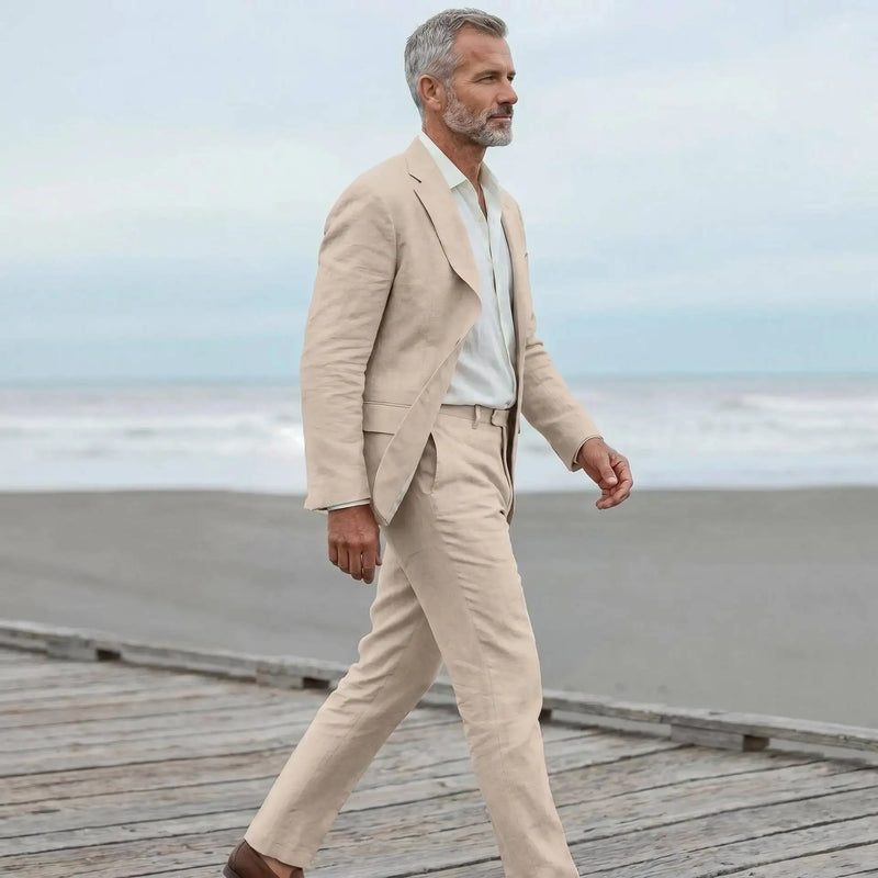Men's linen casual men's beach party business suit two-piece wedding tailcoat set with split collar suit jacket and pants