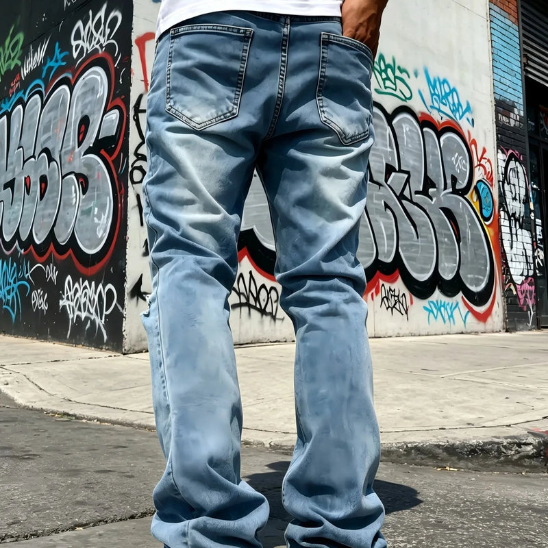Men's Light Blue Denim Pants, Distressed Flared Jeans | SAMAG