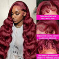 34 Inch 99J Burgundy Body Wave 13x4 HD Transparent Lace Frontal Wig Human Hair Pre Plucked Baby Hair Cuticle Aligned Colored Wig For Black Women