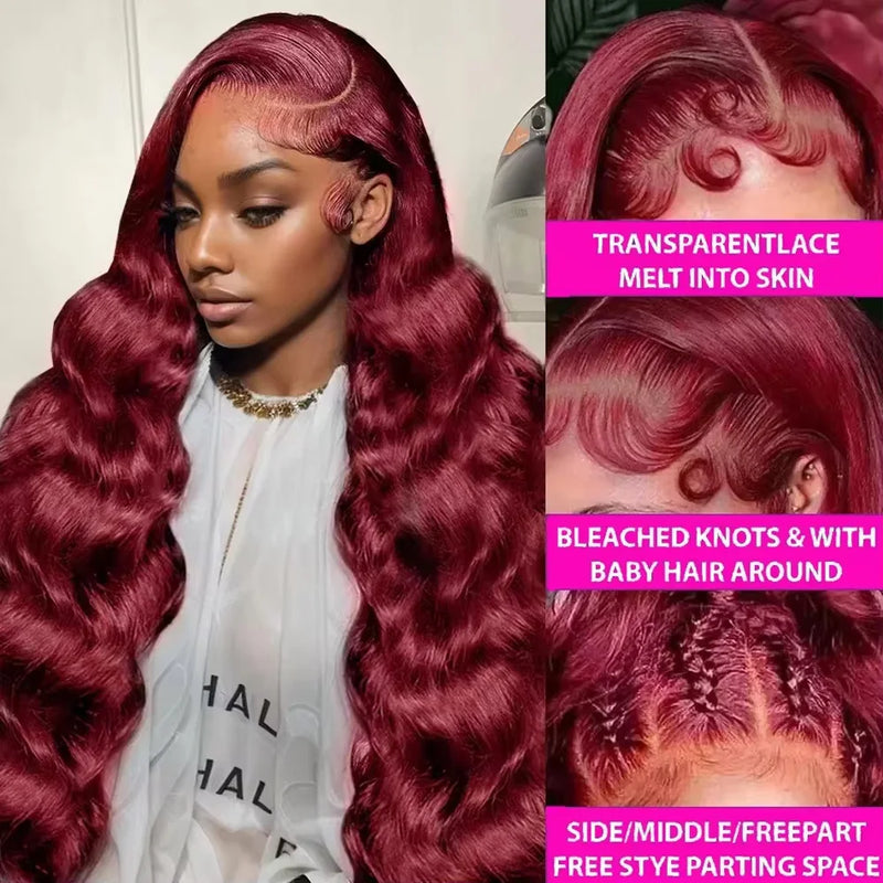 34 Inch 99J Burgundy Body Wave 13x4 HD Transparent Lace Frontal Wig Human Hair Pre Plucked Baby Hair Cuticle Aligned Colored Wig For Black Women
