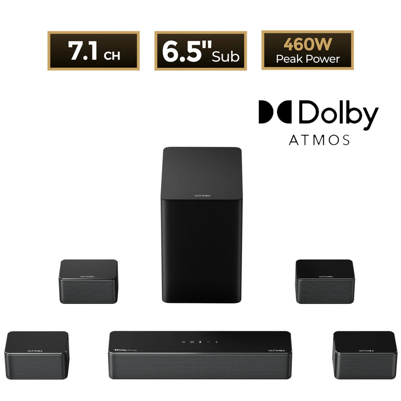 ULTIMEA Poseidon D80 Boom 7.1ch Dolby Atmos Soundbar Surround Sound, Wireless Subwoofer & 4 Surround Speakers, BassMX Technology