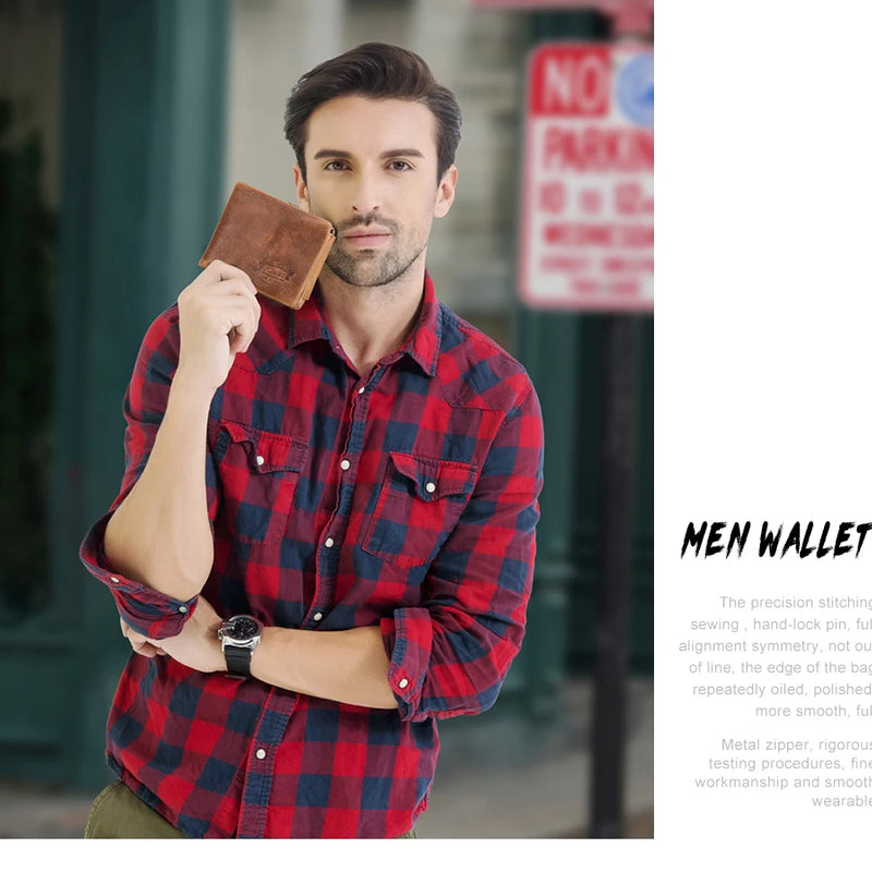 CONTACT'S Genuine Crazy Horse Leather Men Wallets Vintage Trifold Wallet Zip Coin Pocket Purse Cowhide Leather Wallet For Mens