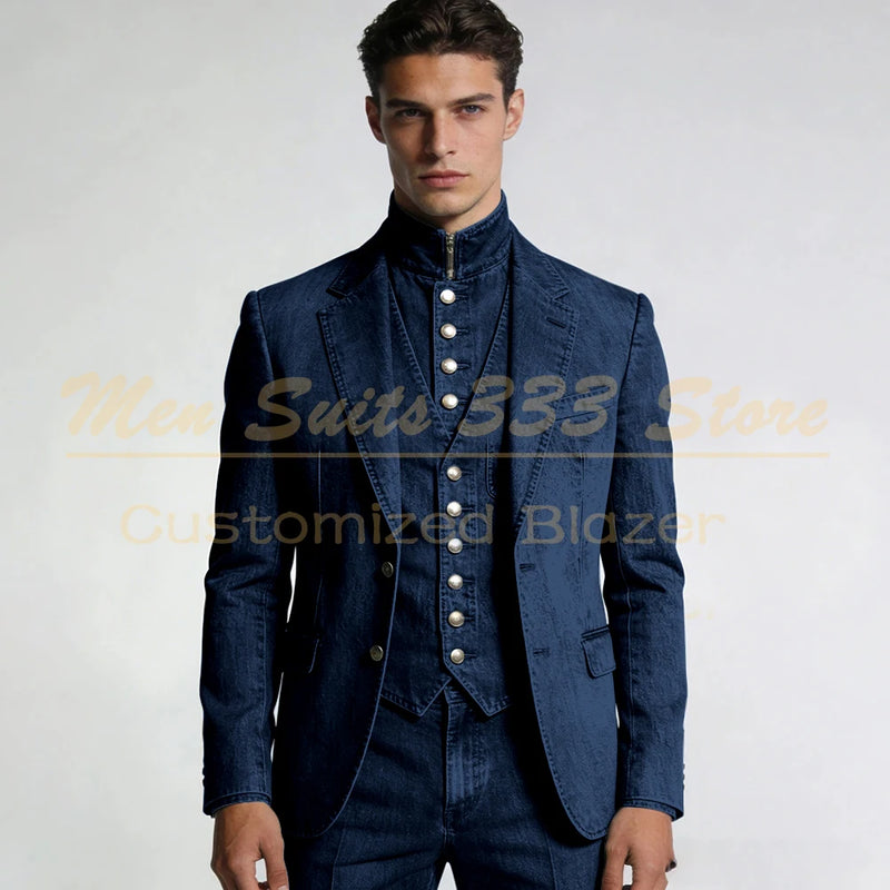 Tailor Made Men's Suits Denim Single Breasted Notch Lapel Slim Fit 3 Piece Jacket Pants Vest Full Sets Elegant Male Clothing