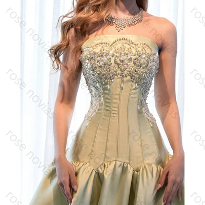 Customized Sage Green Formal Dress Strapless Beaded | SAMAG