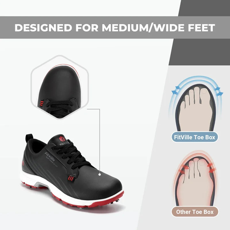 FitVille Men'S Wide Toe Box Spiked Golf Shoes Stable Anti-Slip Outsole Built-In Arch Support Lightweight Comfort Golfing Sneaker