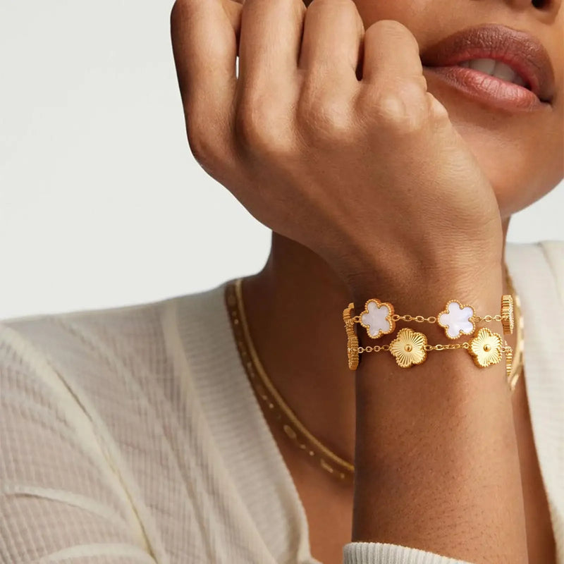 18K Gold Plated Floral Bracelets, Stainless Steel Charm Bracelet Non-Tarnish, Adjustable Lucky Chain Set Trendy Gift