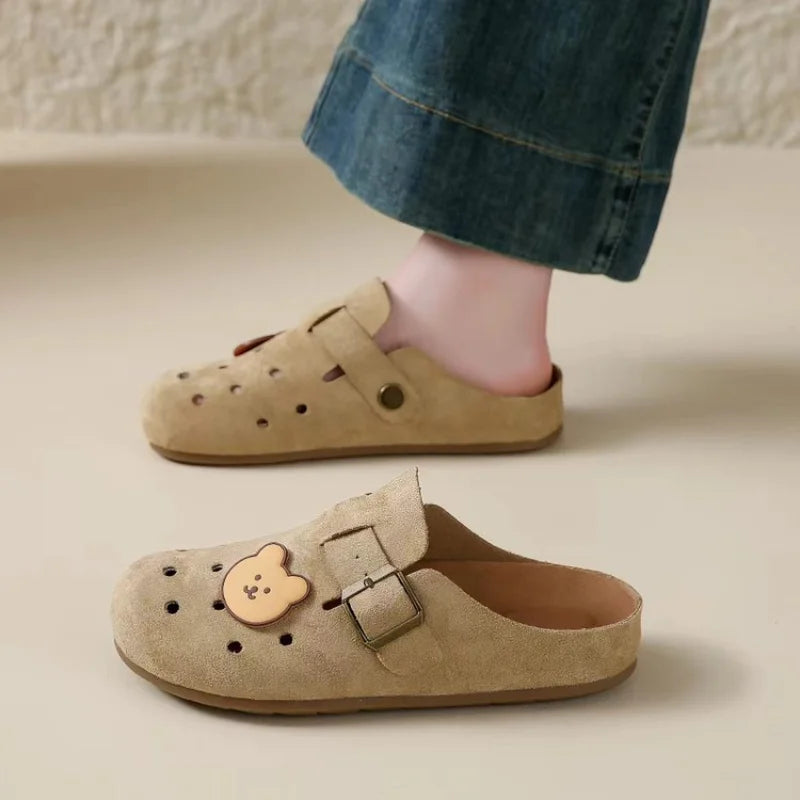Soft Leather Bear Cutout Mules for Women, New Breathable Closed-Toe Slide Sandals, Slip-On Hollow Out Clogs