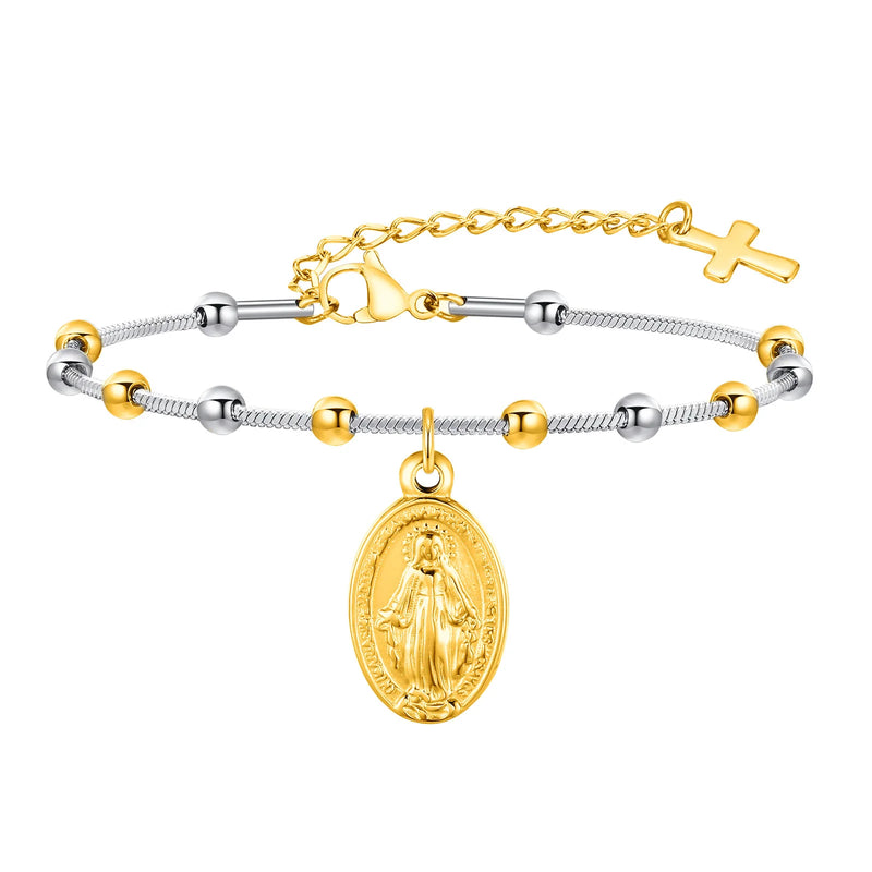 Vnox Rosary Bracelet for Women Girls, Gold Plated Stainless Steel Religious Cross and Virgin Mary Prayer - Visuel 9 | SAMAG
