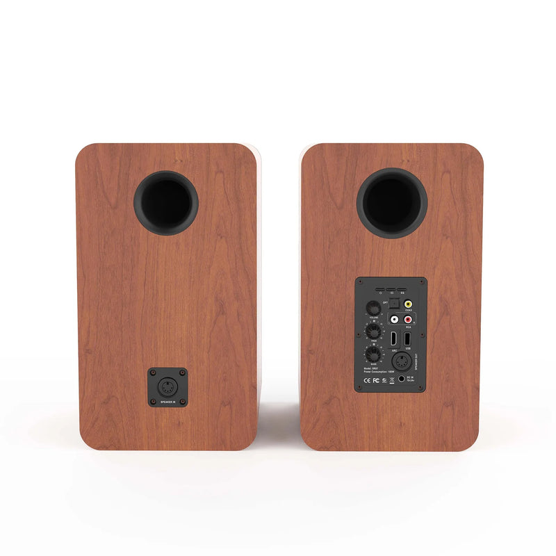 BESTISAN SR07 Bookshelf Speaker Brown Wood Grain BT/Fiber/Coaxial/ARC/RCA/USB Card-insertion Speakers for Smartphone PC TV