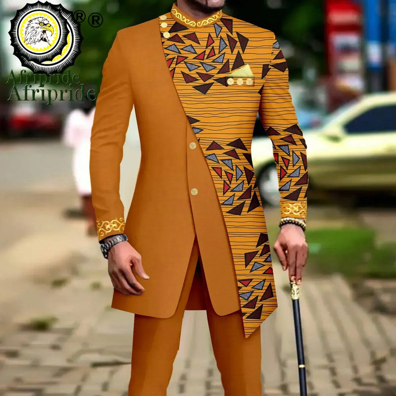 African Suits for Men Embroidery Print Blazer and Pants Set Business Dress with Kerchief Party Wedding - View 14 | SAMAG