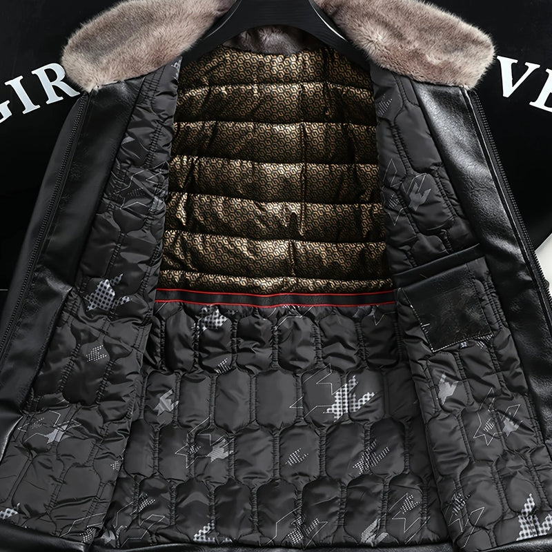 Men's Autumn and Winter Black Gold Graphene Lined Camel Hair Warm Fur Collar Pu Leather Jacket