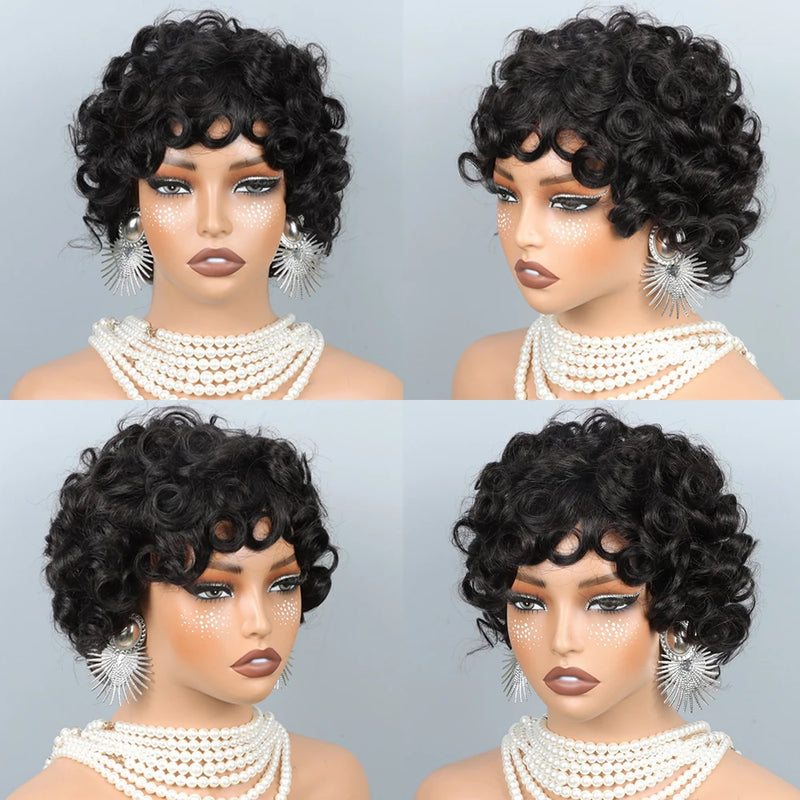 Curly Pixie Cut Human Hair Wigs For Women Black Full Machine Made Short Curly Wigs For Women Brazilian Remy Hair 200% Density