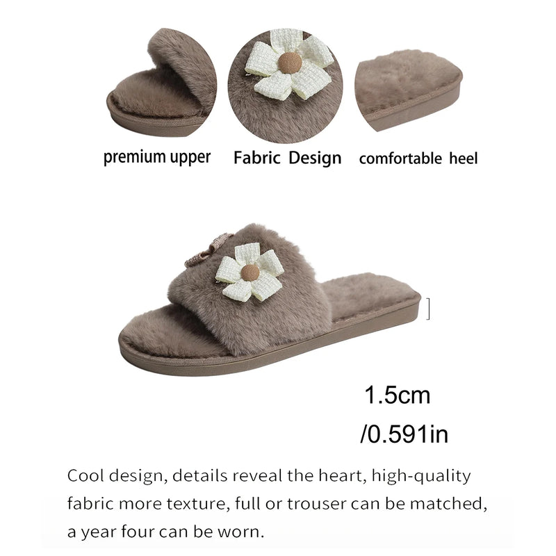 Winter New Flower Decor Comfort Soft Soled Women Cotton Slippers 2026 Fashion Solid Round Toe Plush Warm House Women's Shoes