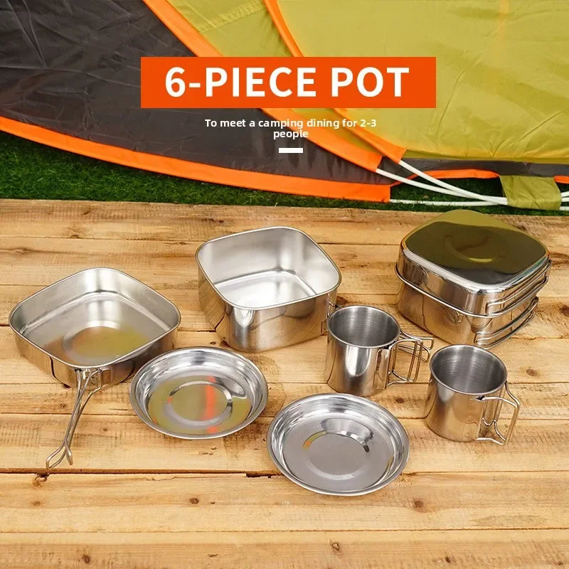 CLS Outdoor 6-Piece Stainless Steel Camping Cookware Set Portable Hiking Picnic Bowl 3-4 Person Barbecue Combination