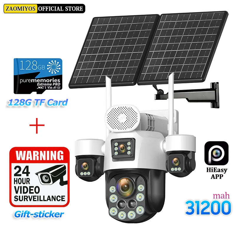 4 Lens Outdoor 360° Surveillance Solar Camera 20MP 60X Optical Zoom 4G SIM Home Security PTZ Auto Track AOV 24/7 Record CCTV Cam