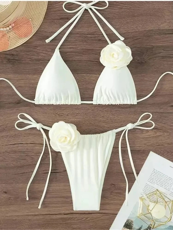 Sexy Flower Bandeau Swimwear Thong Bikini Women Lace-up | SAMAG