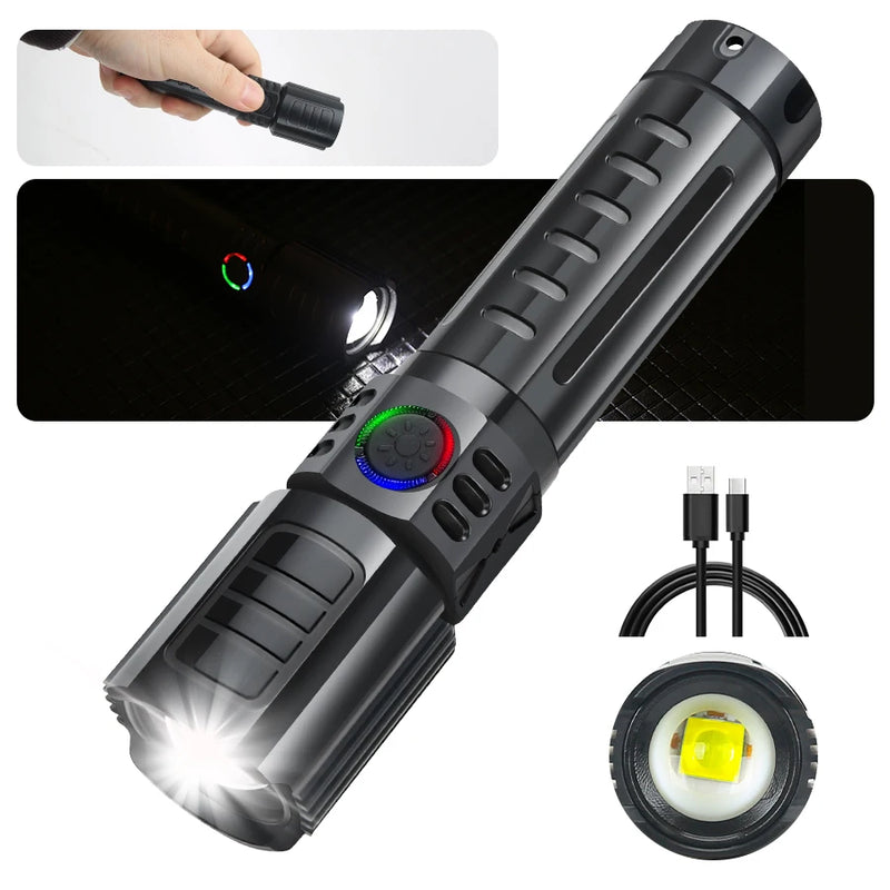 2000LM Ultra Bright P50 LED Flashlight Tactical EDC Torch Telescopic Zoom Type-C Rechargeable Emergency Spotlight for Camping