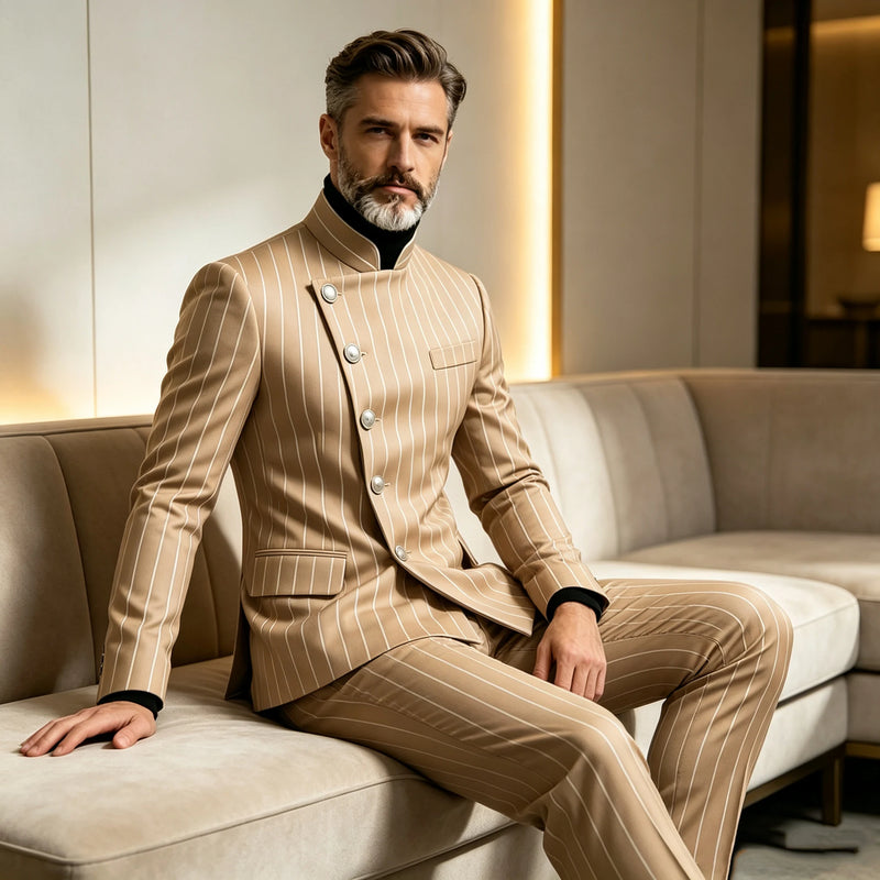 Men's Pinstripe Business Suits Single Breasted Stand Collar Slim Fit Suit Jacket Pants 2 Pieces Formal Tuxedo for Wedding Party