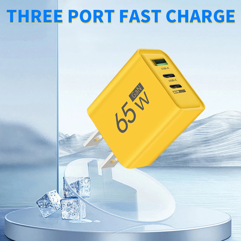 65W 3 Ports GaN USB PD Charger Fast Charging Type C Mobile Phone Adapter Quick Charger 3.0 For iPhone 15 Samsung Xiaomi Huawei