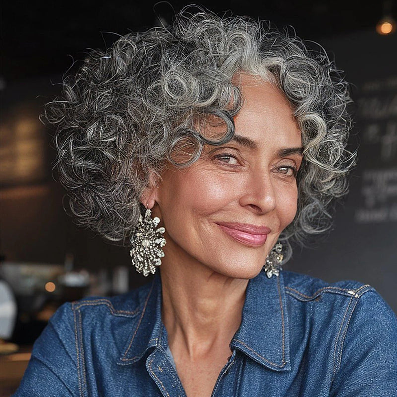Salt and Pepper Pixie Cut Human Hair Wigs for Women Gray Hair Black Mixed With 60#Color for Daily Use Machine Made