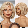 Blonde Brown Short Remy Human Hair HD Lace Front Wigs with Dark Roots Bob Natural Layered Lace Frontal Wig with Bangs for Women