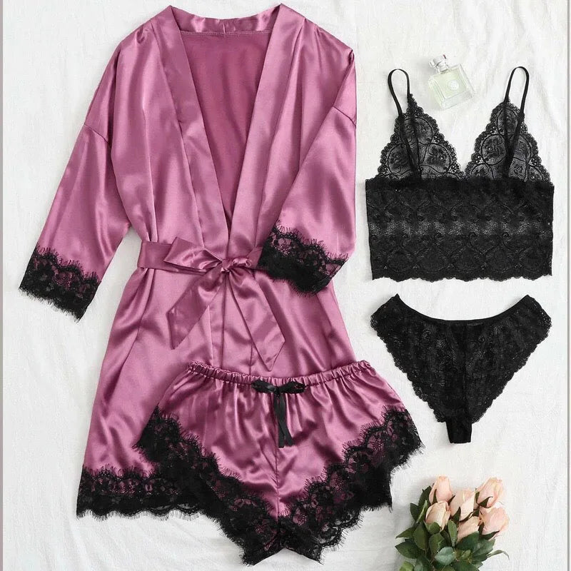 Women's Four-Piece Lace Camisole Nightwear Set with Robe | SAMAG