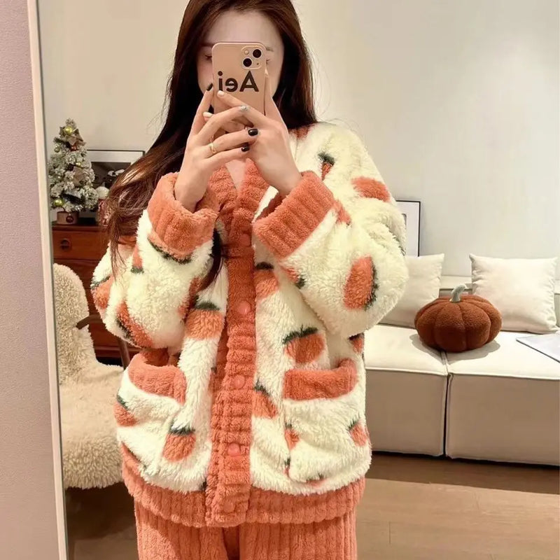 Pyjama épais en flanelle et velours corail fraise | SAMAG