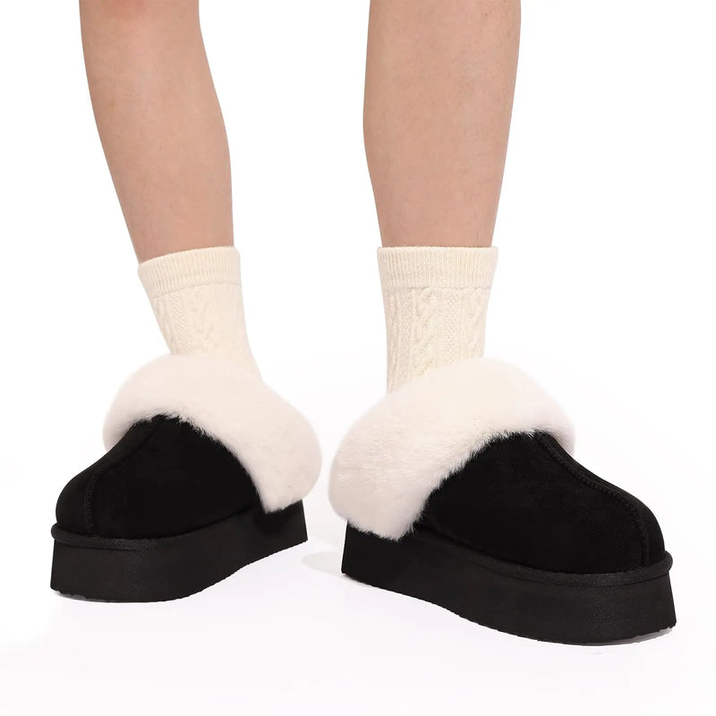 Shevalues Winter Furry Women's Slippers Platform Slippers Fluffy Cozy Warm Indoor Slides Plush Lining Outdoor Women's Slippers