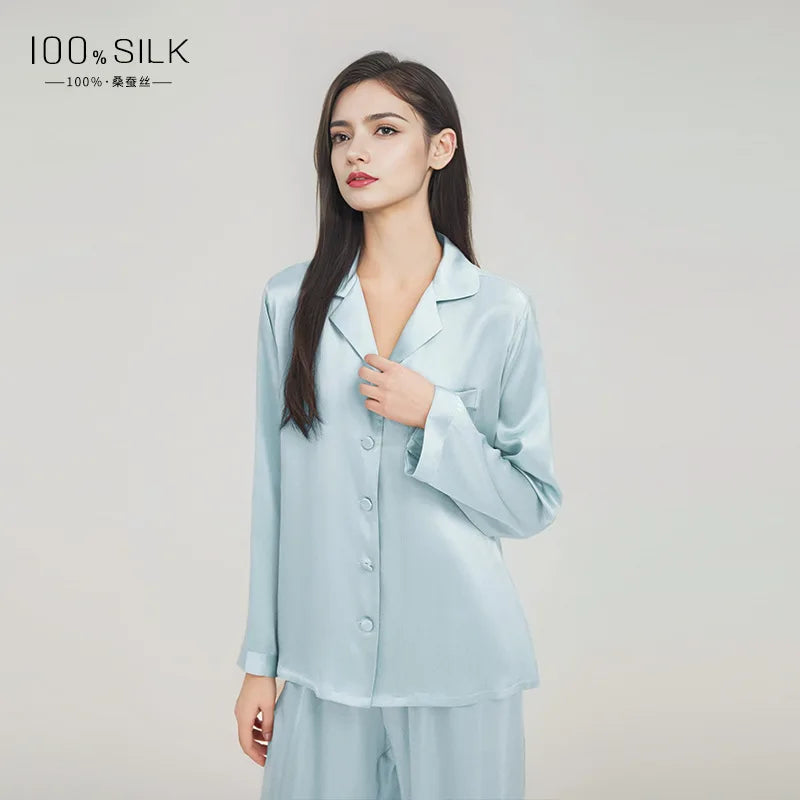 2025 Summer New 100% Mulberry Silk Long-Sleeve Long Pants 2PCS Sets Women's Pajama Set European  American Style Loungewear