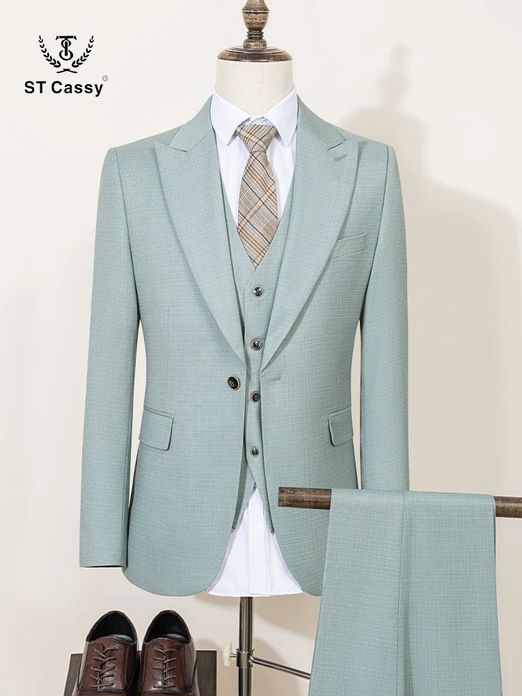 ST Cassy Summer Thin Version Men's Suit Green Slim Fit Formal Business Office Men's Suits（jacket+Vest+Pants）