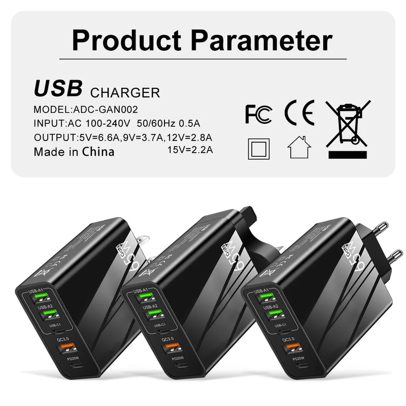 5 Ports 65W USB Type C Fast Charging Charger QC 3.0 Phone Adapter  For iPhone 15 Huawei Xiaomi Samsung EU/US Plug Wall Charger