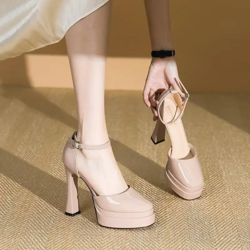 Women's Super High Heels Pointed Tip Thick Heel Ankle Strap Platform Heels Side Cutout Sexy Wedding Banquet Sandals