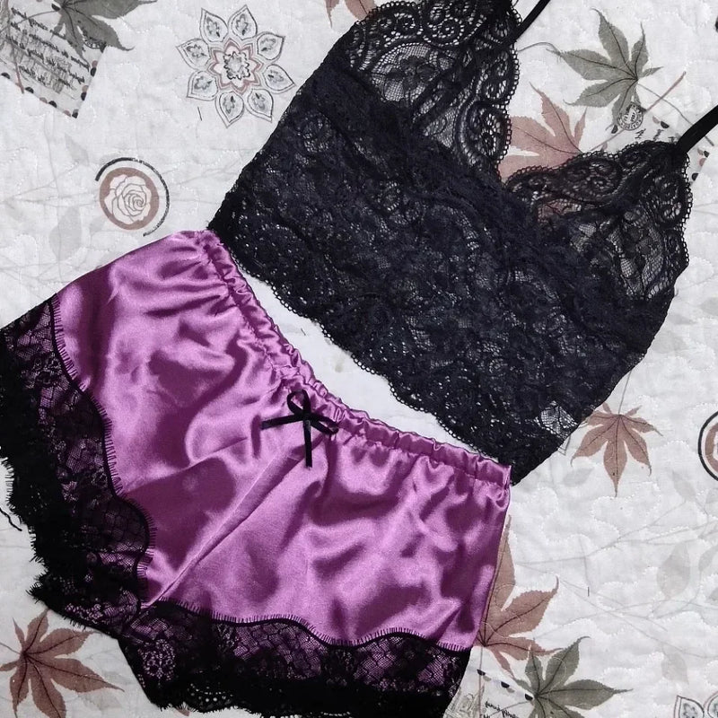 Sexy Womens Lace Sleepwear Lace Nachtkleding Lingerie Sleeveless V-Neck Babydoll Pajamas Set Lingerie Tops Shorts Set Nightwear