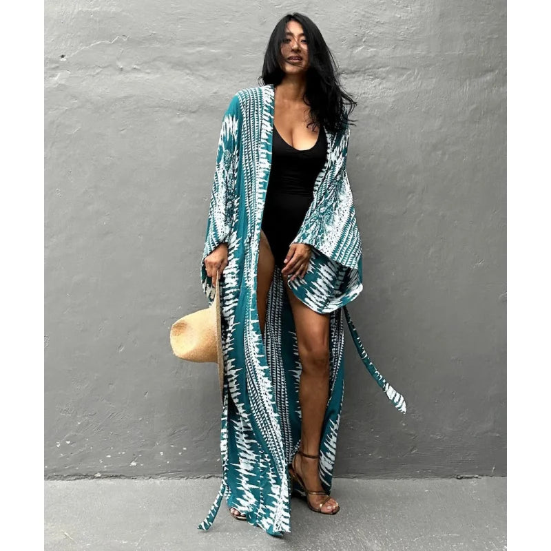 Beach Cover Ups Women Tie Dye Printed Kimono Cardigan Self Belted Wrap Dresses Summer Holiday Bathing Suits